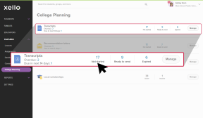 College Planning page open with Transcripts tile highlighted